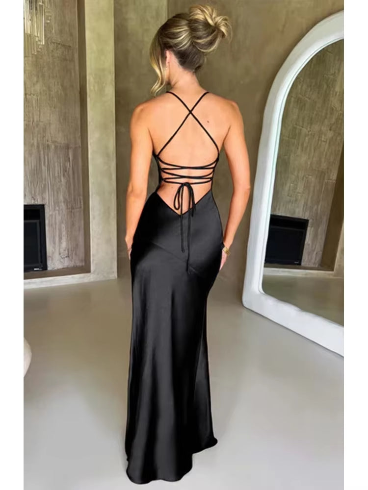 Vestidos formales/Vestidos elegantes con espalda descubierta y dobladillo dividido con tirantes finos para cóctel, fiesta, club, moda, satén, lisos, con cordones, vestidos largos de fiesta/tiendas de vestidos de fiesta
